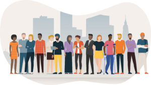 Illustration of diverse group of people stanind in front of a cityscape 