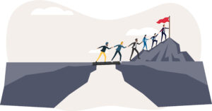 Illustration of group of diverse people working together to summit a mountain