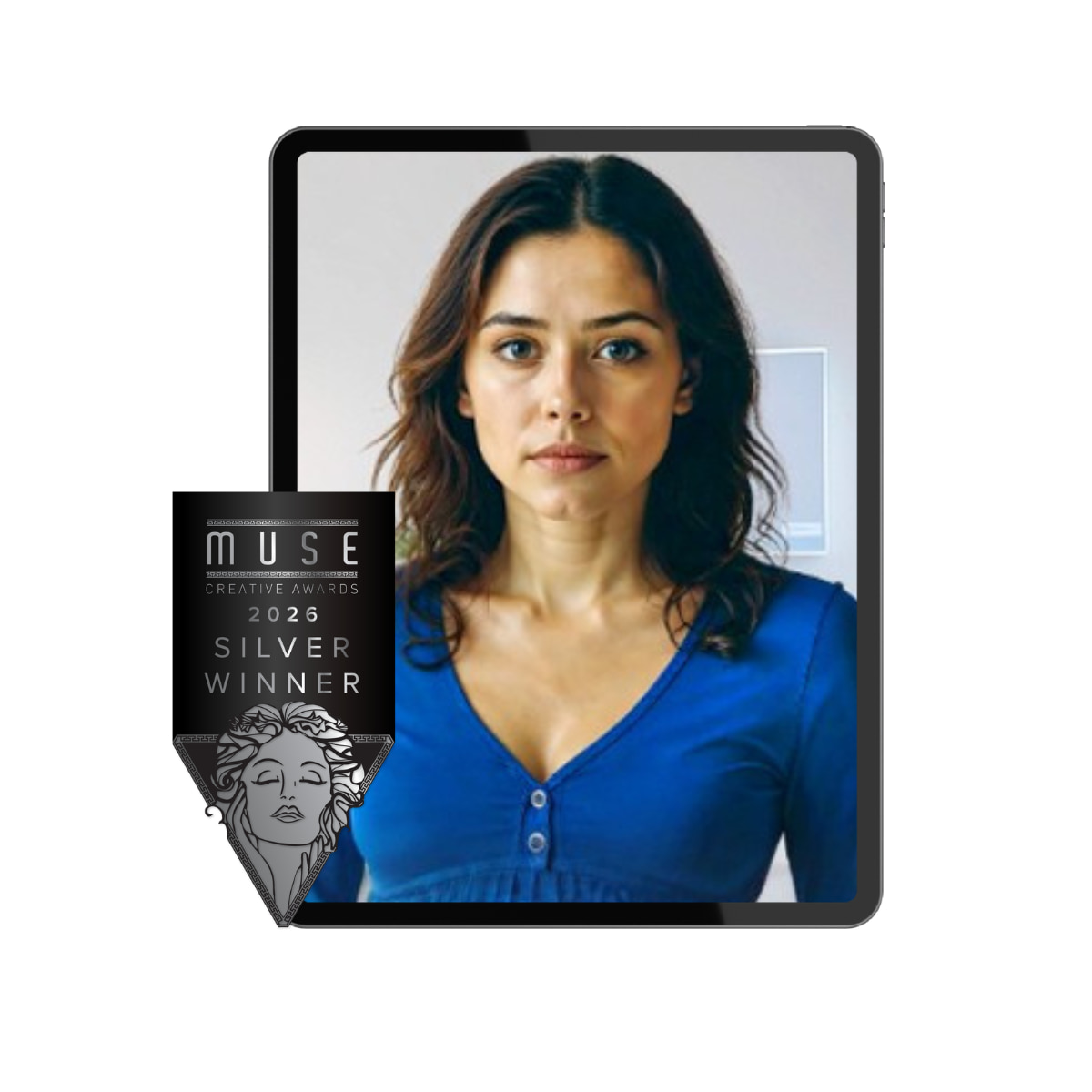 Image of a woman on an iPad with a 2026 Silver Muse Award